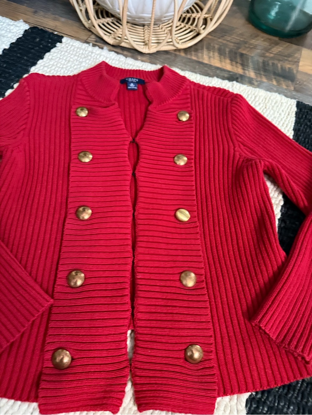CHAPS Sweater Cardigan Jacket Double Breasted Red Ribbed Detail Womens - Picture 5 of 5